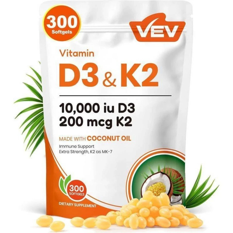 VEV Corefeel Vitamin D3 K2 10,000 IU, 200 mcg MK-7, 300 Coconut Oil Softgels