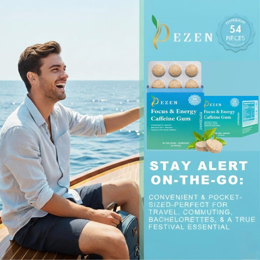 DEZEN Caffeine Energy Mint Gum Peppermint Flavor, 54 Pieces Fast Energy Boost