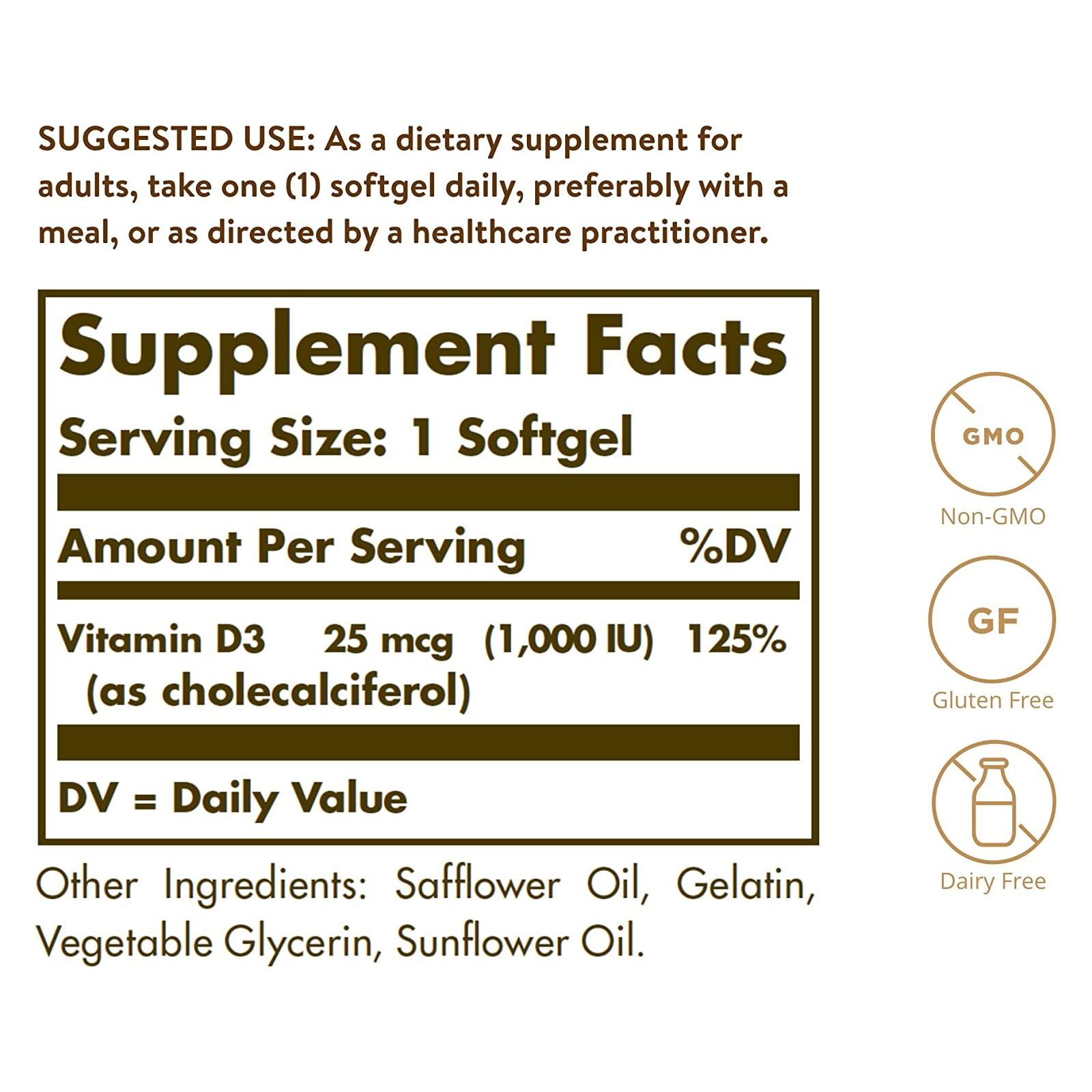 Solgar Vitamin D3 Cholecalciferol 25 mcg 1000 IU 250 Softgels