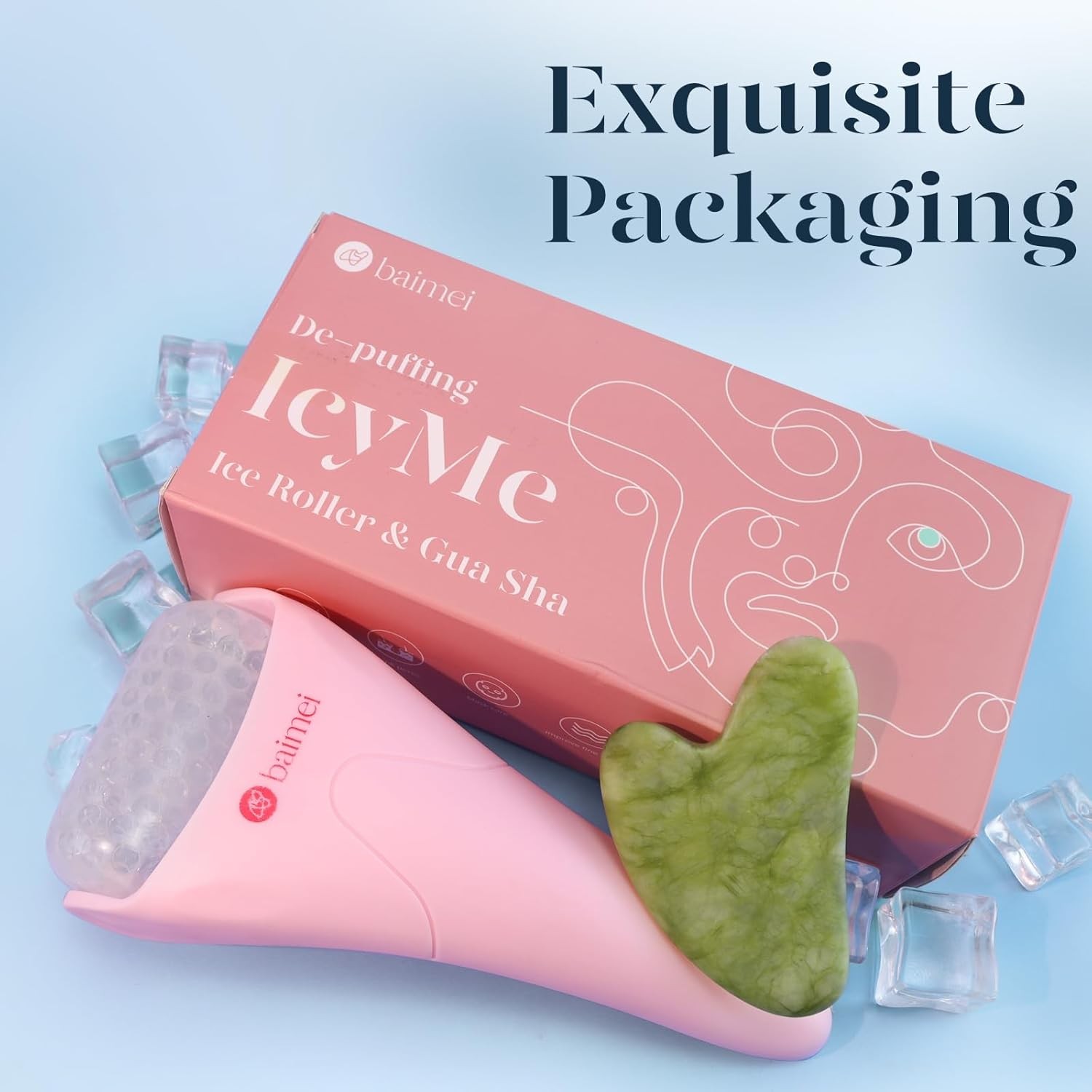 BAIMEI IcyMe Ice Roller for Face and Gua Sha Facial Tool Set, Ice Face Roller Re