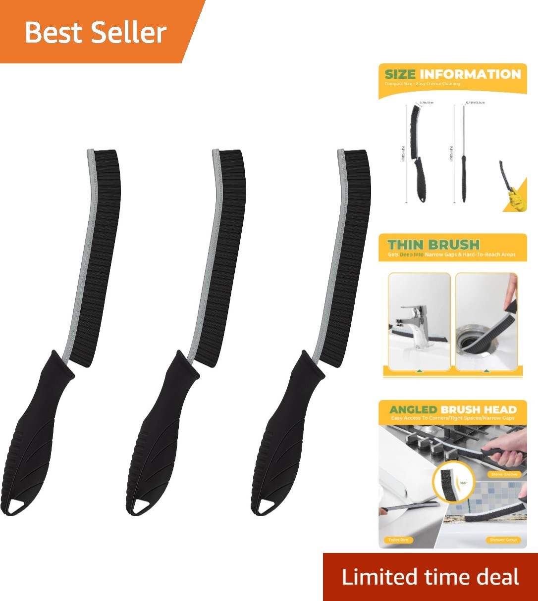 Ergonomic 3-Pc Hard Bristle Cleaning Brushes – Ideal for Grout and Tight Spaces