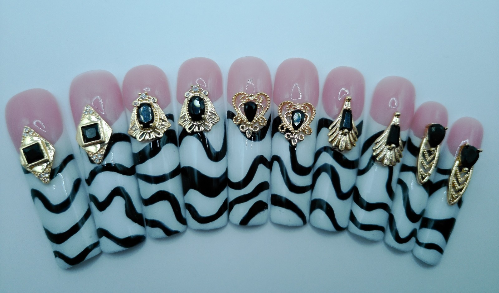 XXX Long Square Press-On Nails, Medium Size Black and White French, Luxury Gems