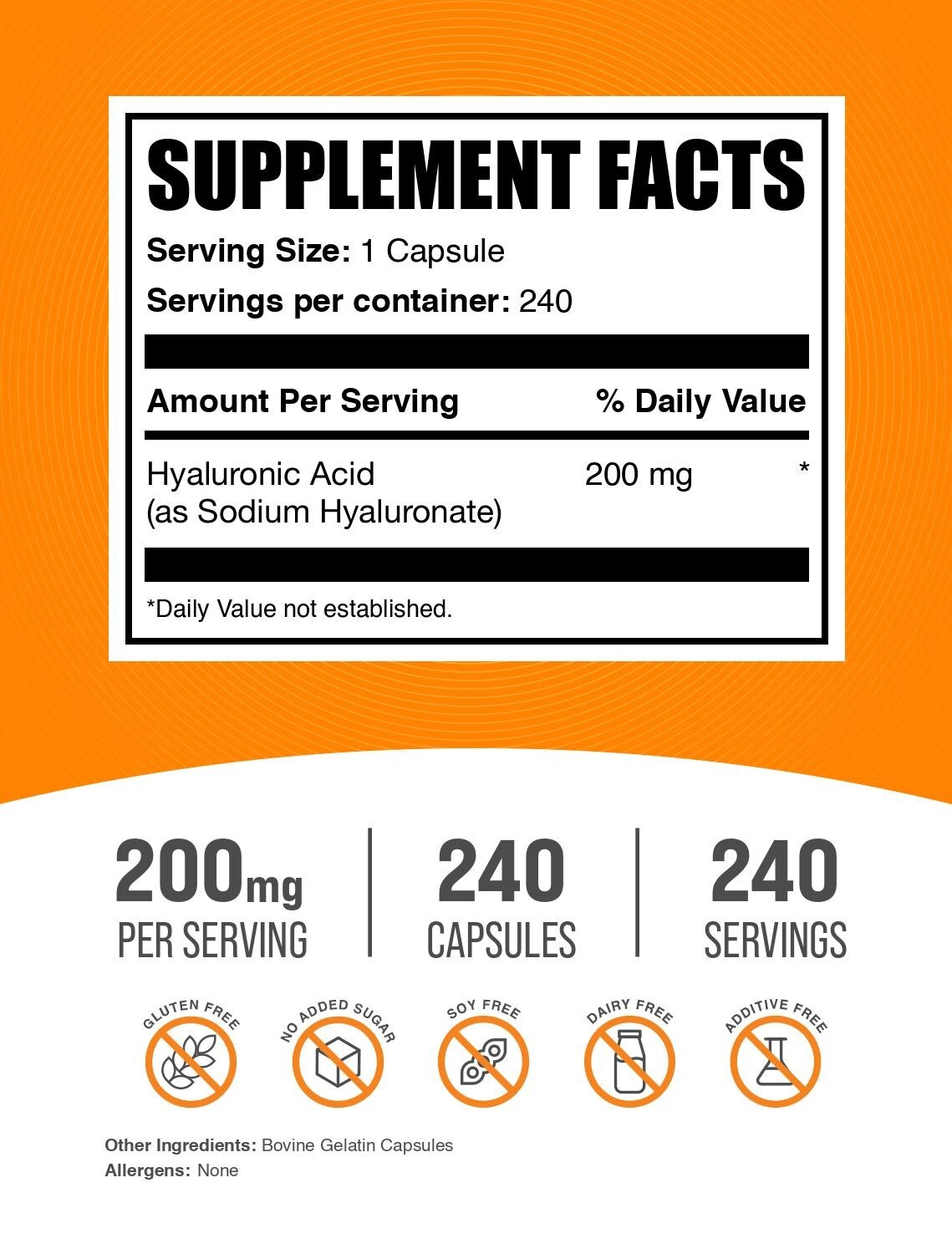BulkSupplements Hyaluronic Acid 240 Capsules – 200mg Per Serving